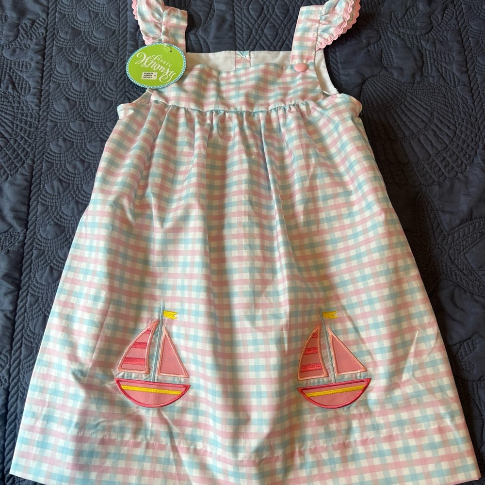 Pink and Blue Plaid Dress with Sailboat Appliqué